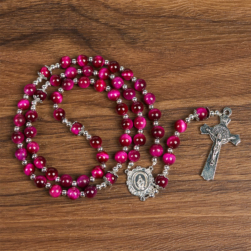 Christianartworkshop Médaille miraculeuse et crucifix en perles de pierre précieuse œil de tigre rose de 8 mm - Médaille miraculeuse et crucifix - image 0