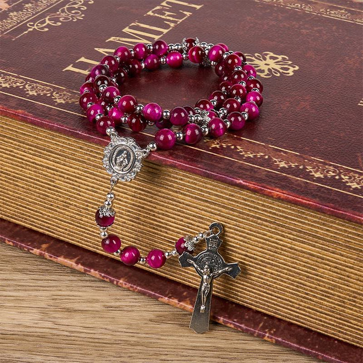 Christianartworkshop Médaille miraculeuse et crucifix en perles de pierre précieuse œil de tigre rose de 8 mm - image 2