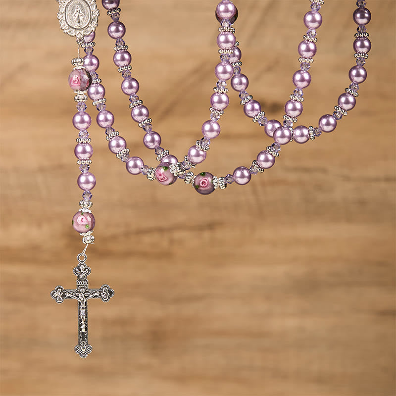 Christianartworkshop Médaille miraculeuse et crucifix, perle violette de 8 mm et cristal, chapelet fait main - Perles sacrées pour la prière - image 6