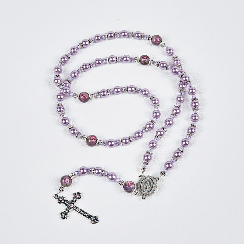 Christianartworkshop Médaille miraculeuse et crucifix, perle violette de 8 mm et cristal, chapelet fait main - Perles sacrées pour la prière - image 12