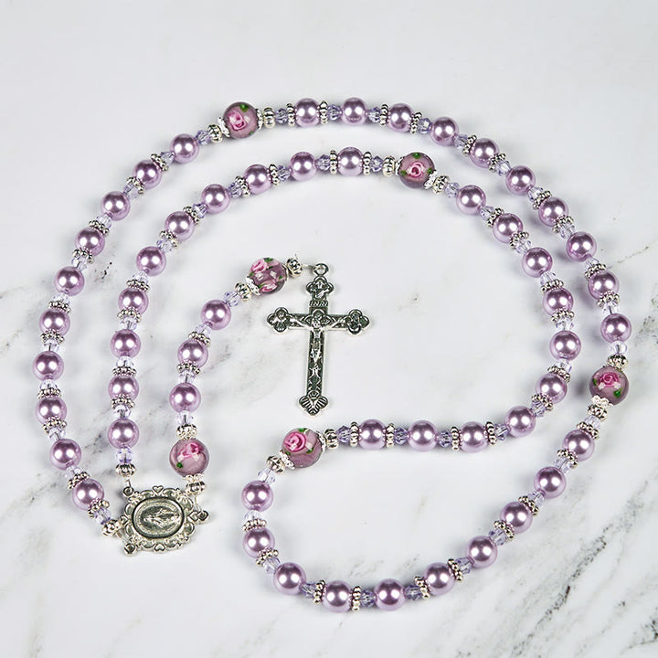 Christianartworkshop Médaille miraculeuse et crucifix, perle violette de 8 mm et cristal, chapelet fait main - Perles sacrées pour la prière - image 10