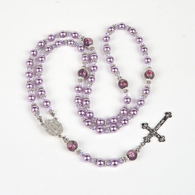 Christianartworkshop Médaille miraculeuse et crucifix, perle violette de 8 mm et cristal, chapelet fait main - Perles sacrées pour la prière - image 11