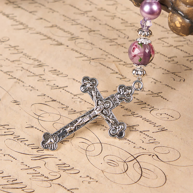 Christianartworkshop Médaille miraculeuse et crucifix, perle violette de 8 mm et cristal, chapelet fait main - Perles sacrées pour la prière - image 8