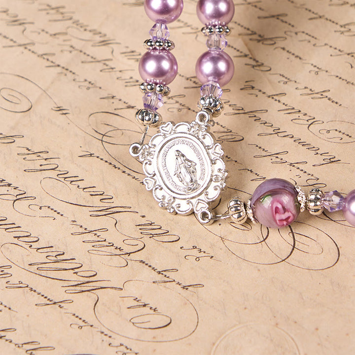 Christianartworkshop Médaille miraculeuse et crucifix, perle violette de 8 mm et cristal, chapelet fait main - Perles sacrées pour la prière - image 9