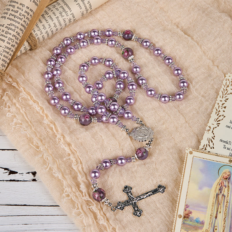 Christianartworkshop Médaille miraculeuse et crucifix, perle violette de 8 mm et cristal, chapelet fait main - Perles sacrées pour la prière - image 13