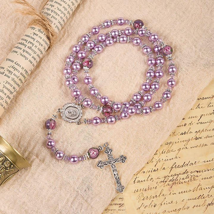 Christianartworkshop Médaille miraculeuse et crucifix, perle violette de 8 mm et cristal, chapelet fait main - Perles sacrées pour la prière - image 3