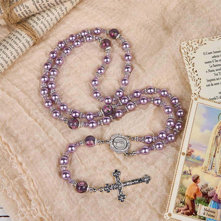 Christianartworkshop Médaille miraculeuse et crucifix, perle violette de 8 mm et cristal, chapelet fait main - Perles sacrées pour la prière - image 7