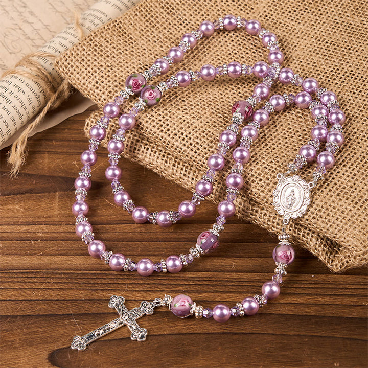 Christianartworkshop Médaille miraculeuse et crucifix, perle violette de 8 mm et cristal, chapelet fait main - Perles sacrées pour la prière - image 2