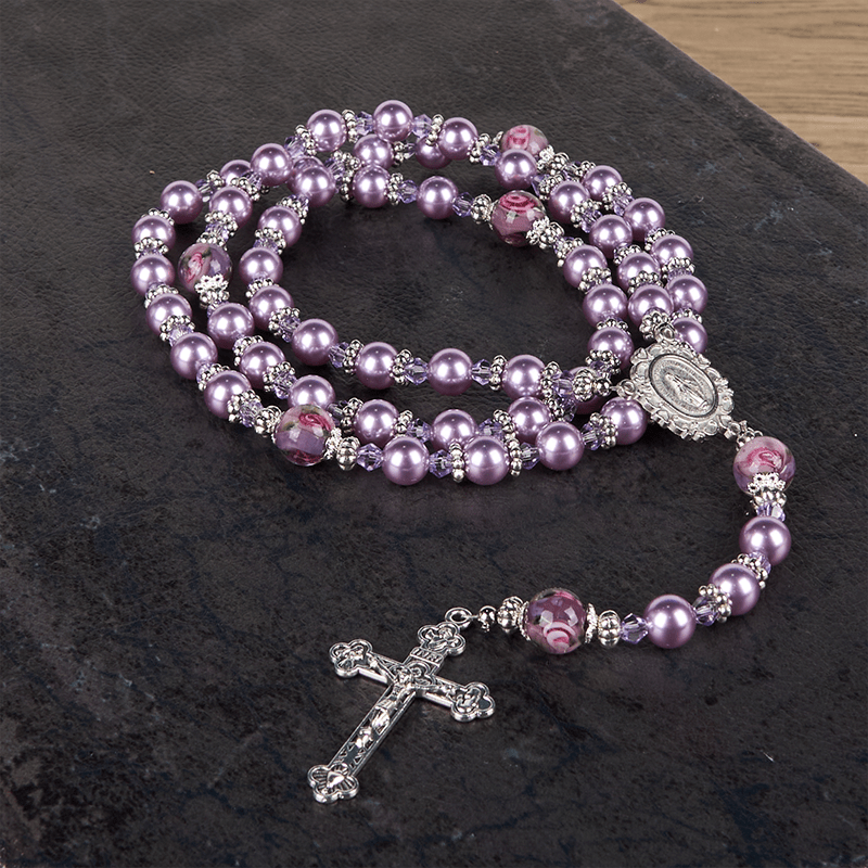 Christianartworkshop Médaille miraculeuse et crucifix, perle violette de 8 mm et cristal, chapelet fait main - Perles sacrées pour la prière - image 14