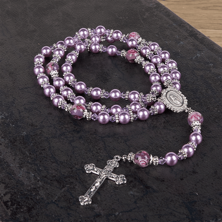 Christianartworkshop Médaille miraculeuse et crucifix, perle violette de 8 mm et cristal, chapelet fait main - Perles sacrées pour la prière - image 14