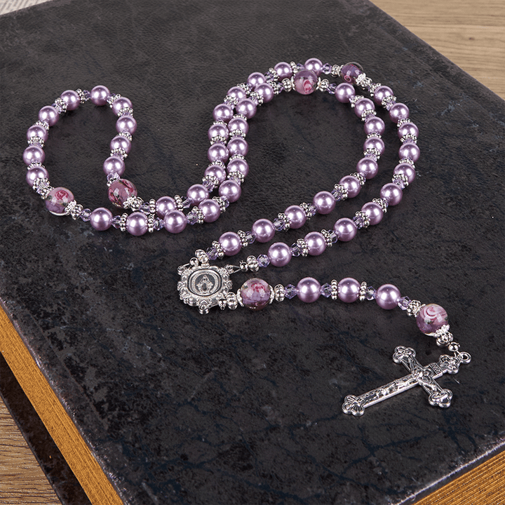 Christianartworkshop Médaille miraculeuse et crucifix, perle violette de 8 mm et cristal, chapelet fait main - Perles sacrées pour la prière - image 15