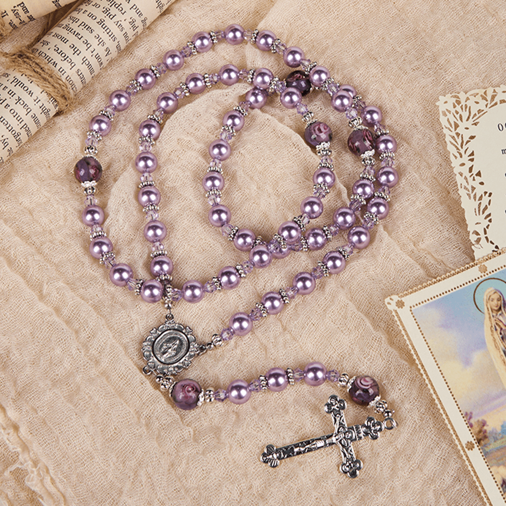 Christianartworkshop Médaille miraculeuse et crucifix, perle violette de 8 mm et cristal, chapelet fait main - Perles sacrées pour la prière - image 4