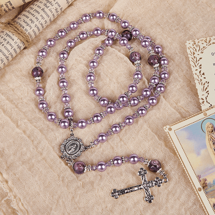 Christianartworkshop Médaille miraculeuse et crucifix, perle violette de 8 mm et cristal, chapelet fait main - Perles sacrées pour la prière - image 4