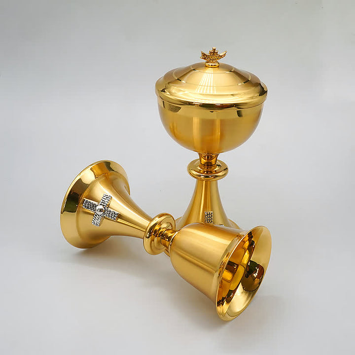 Christianartworkshop Calice et pyxide exquis, ornés d'une croix et de couleur or – Vases divins pour la communion sacrée - Calice - image 0