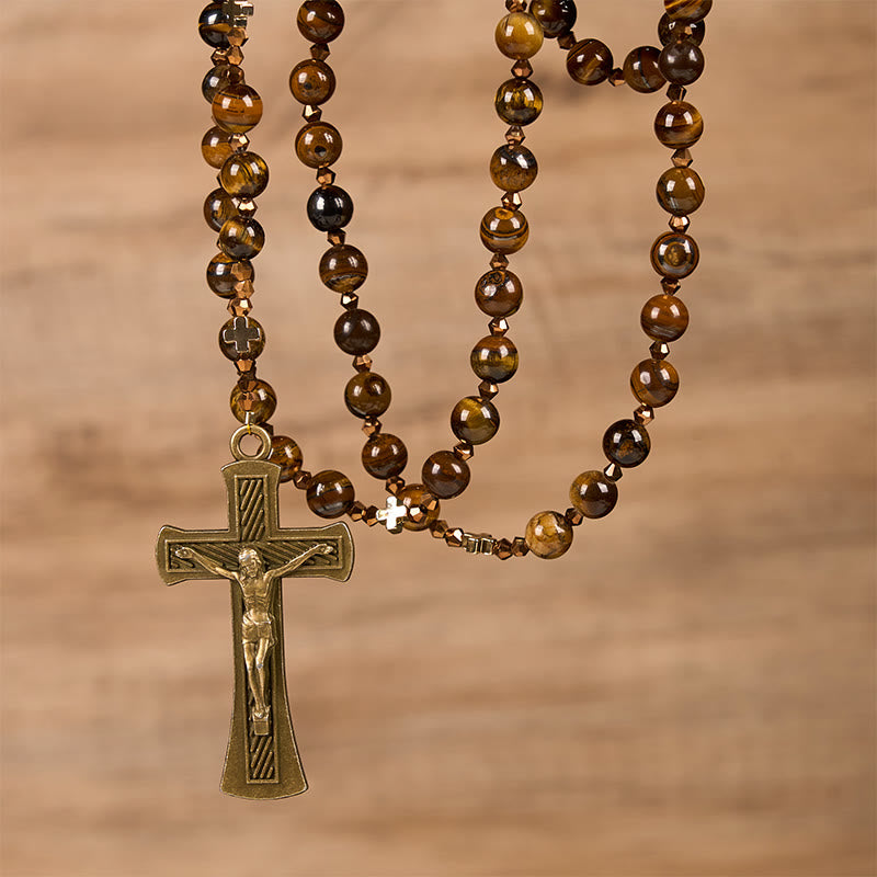 Christianartworkshop Médaille de Saint Benoît et crucifix en alliage œil-de-tigre brun rond de 8 mm, chaînette de chapelet - image 2
