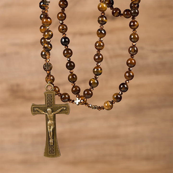 Christianartworkshop Médaille de Saint Benoît et crucifix en alliage œil-de-tigre brun rond de 8 mm, chaînette de chapelet - image 2