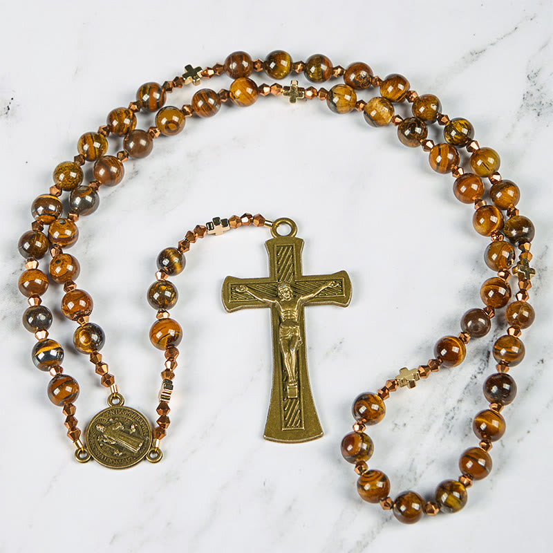 Christianartworkshop Médaille de Saint Benoît et crucifix en alliage œil-de-tigre brun rond de 8 mm, chaînette de chapelet - image 7