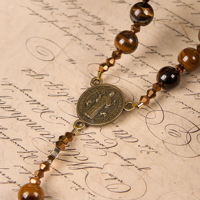 Christianartworkshop Médaille de Saint Benoît et crucifix en alliage œil-de-tigre brun rond de 8 mm, chaînette de chapelet - image 6