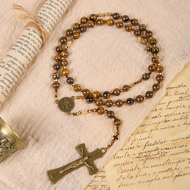 Christianartworkshop Médaille de Saint Benoît et crucifix en alliage œil-de-tigre brun rond de 8 mm, chaînette de chapelet - image 1