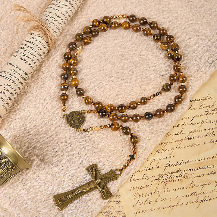 Christianartworkshop Médaille de Saint Benoît et crucifix en alliage œil-de-tigre brun rond de 8 mm, chaînette de chapelet - image 1