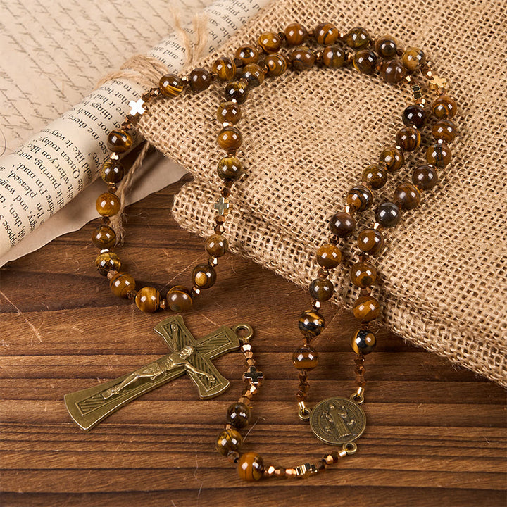 Christianartworkshop Médaille de Saint Benoît et crucifix en alliage œil-de-tigre brun rond de 8 mm, chaînette de chapelet - Médaille et crucifix de saint Benoît - image 0