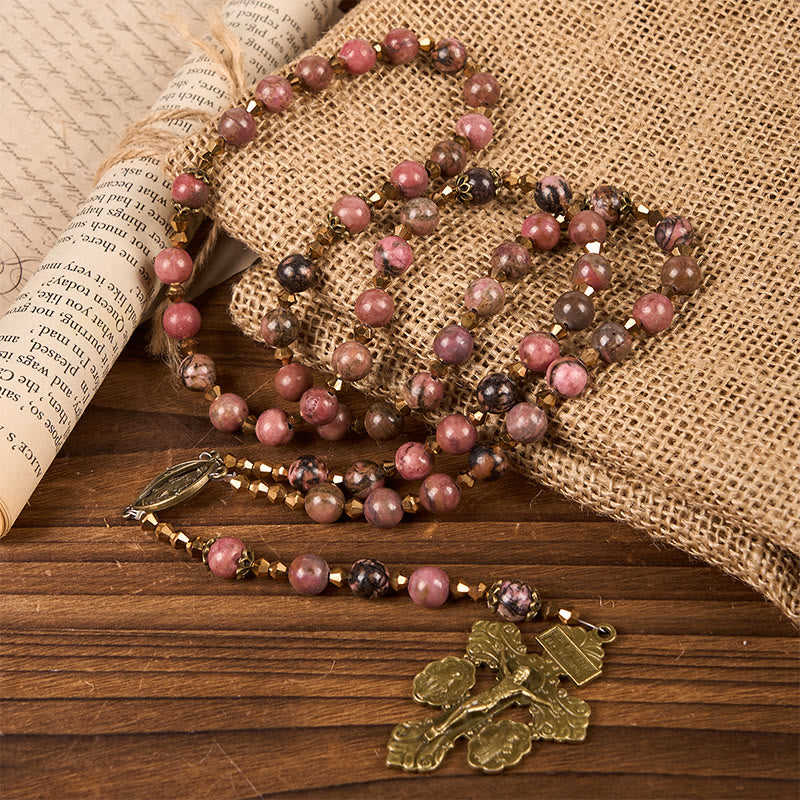 Christianartworkshop Chapelet d'inspiration vintage avec rhodonite rose - Chemin avec le Christ - image 1