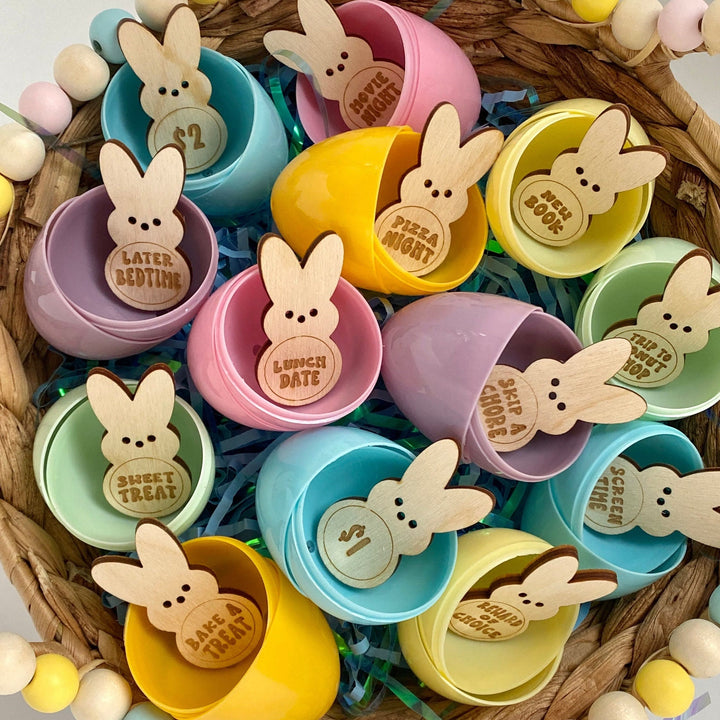 Christianartworkshop Jetons de Pâques en forme de lapin gravés, à glisser dans les œufs, avec des activités - Lapins/28 pièces + œufs/10 pièces - image 0