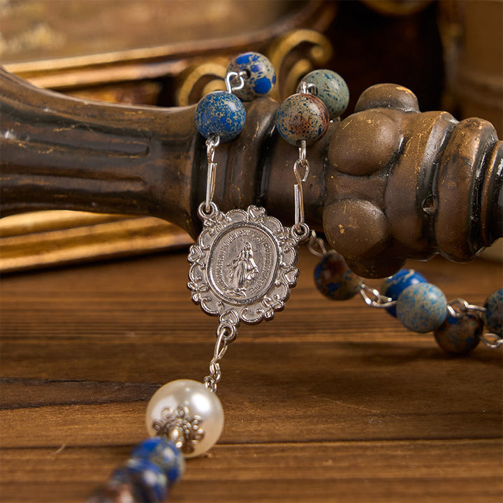 Christianartworkshop Médaille miraculeuse et crucifix en pierre impériale bleu foncé de 8 mm, chapelet fait main pour la prière quotidienne - image 9