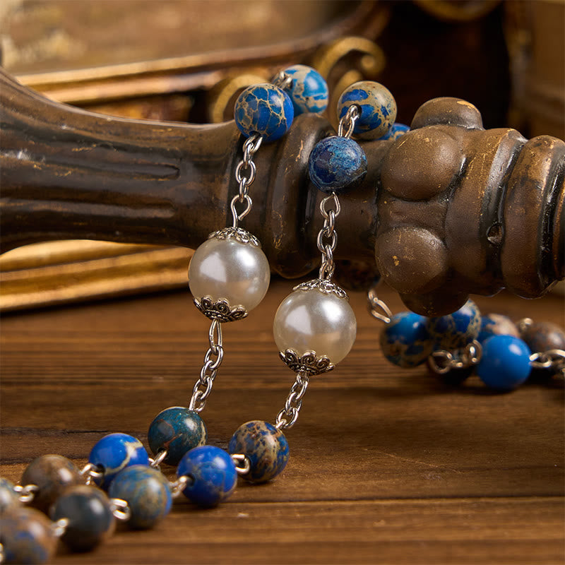 Christianartworkshop Médaille miraculeuse et crucifix en pierre impériale bleu foncé de 8 mm, chapelet fait main pour la prière quotidienne - image 8