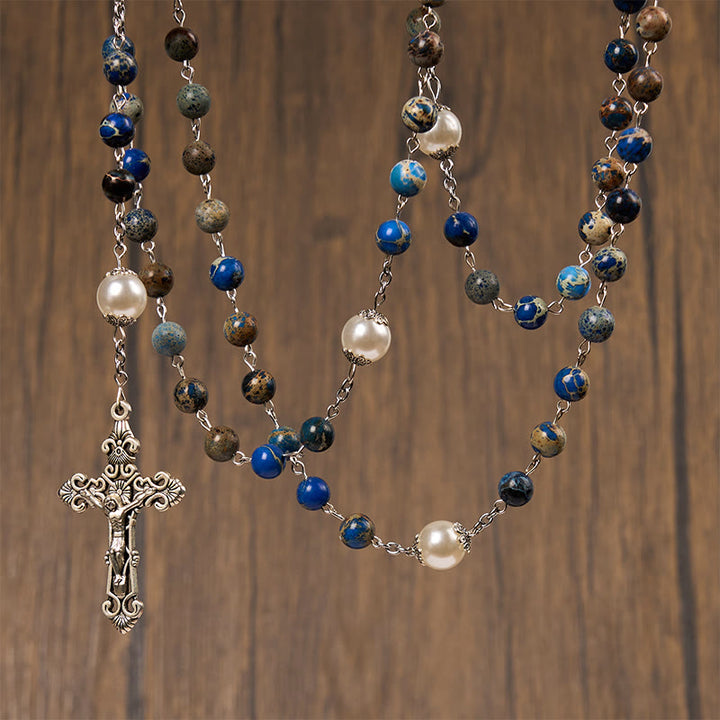 Christianartworkshop Médaille miraculeuse et crucifix en pierre impériale bleu foncé de 8 mm, chapelet fait main pour la prière quotidienne - image 5