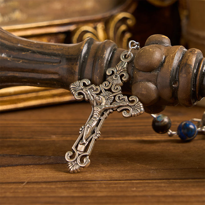 Christianartworkshop Médaille miraculeuse et crucifix en pierre impériale bleu foncé de 8 mm, chapelet fait main pour la prière quotidienne - image 7