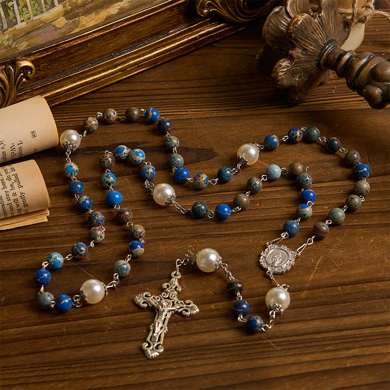 Christianartworkshop Médaille miraculeuse et crucifix en pierre impériale bleu foncé de 8 mm, chapelet fait main pour la prière quotidienne - image 4