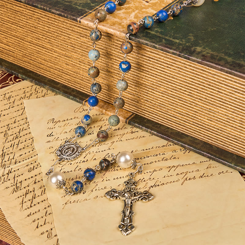 Christianartworkshop Médaille miraculeuse et crucifix en pierre impériale bleu foncé de 8 mm, chapelet fait main pour la prière quotidienne - image 10
