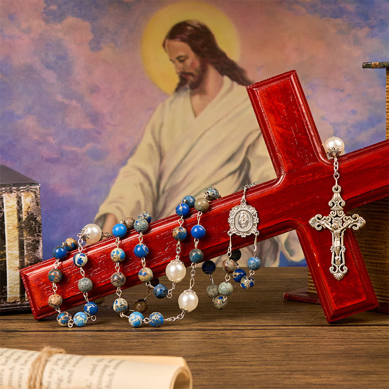 Christianartworkshop Médaille miraculeuse et crucifix en pierre impériale bleu foncé de 8 mm, chapelet fait main pour la prière quotidienne - image 15