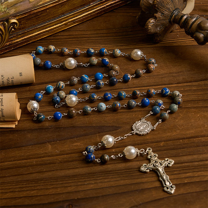 Christianartworkshop Médaille miraculeuse et crucifix en pierre impériale bleu foncé de 8 mm, chapelet fait main pour la prière quotidienne - image 2