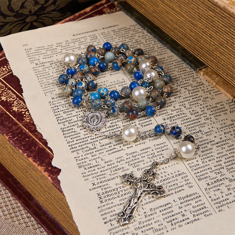 Christianartworkshop Médaille miraculeuse et crucifix en pierre impériale bleu foncé de 8 mm, chapelet fait main pour la prière quotidienne - image 6
