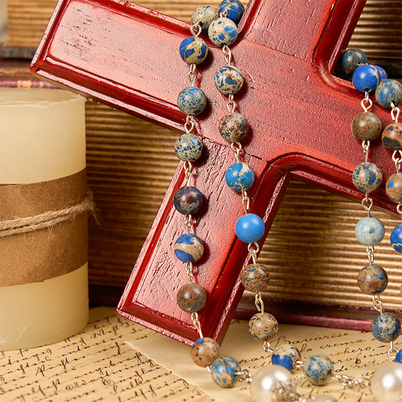 Christianartworkshop Médaille miraculeuse et crucifix en pierre impériale bleu foncé de 8 mm, chapelet fait main pour la prière quotidienne - image 13