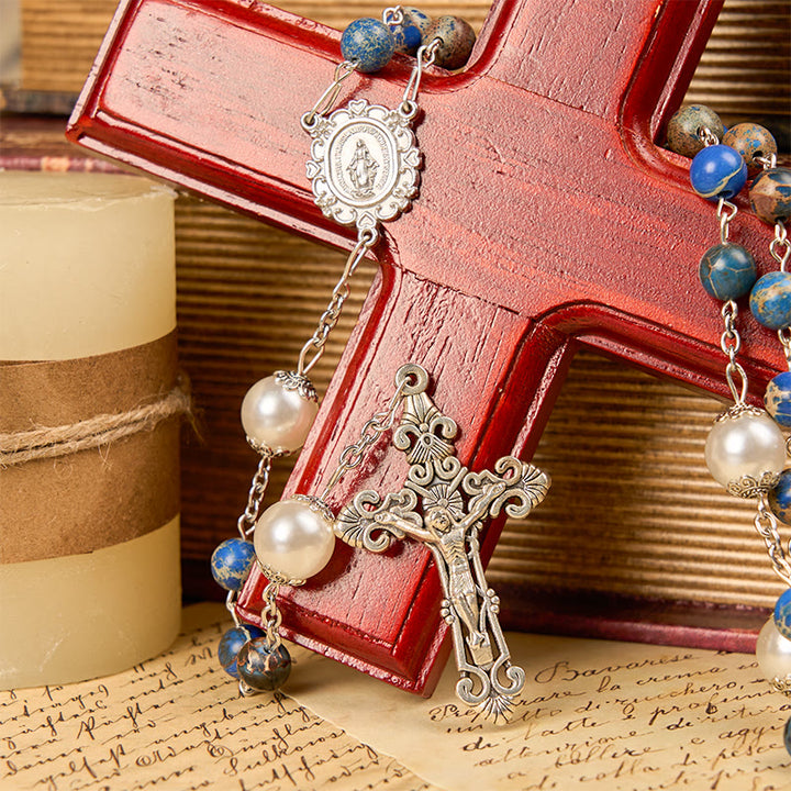 Christianartworkshop Médaille miraculeuse et crucifix en pierre impériale bleu foncé de 8 mm, chapelet fait main pour la prière quotidienne - image 11