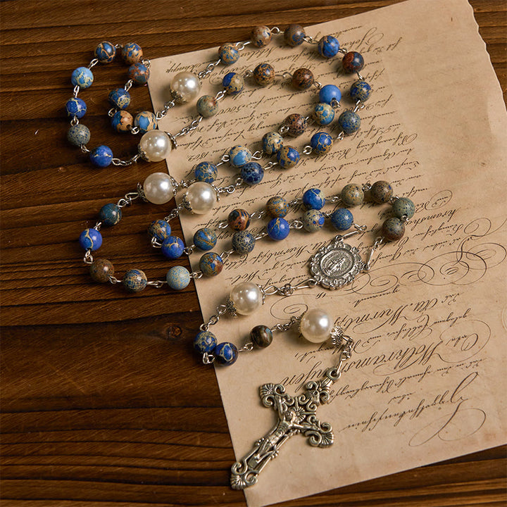 Christianartworkshop Médaille miraculeuse et crucifix en pierre impériale bleu foncé de 8 mm, chapelet fait main pour la prière quotidienne - image 3