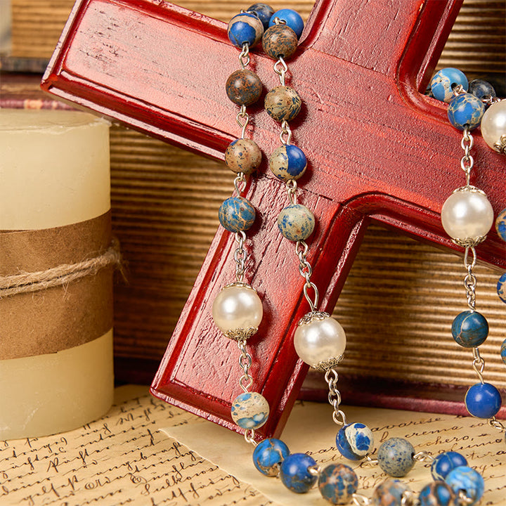 Christianartworkshop Médaille miraculeuse et crucifix en pierre impériale bleu foncé de 8 mm, chapelet fait main pour la prière quotidienne - image 12