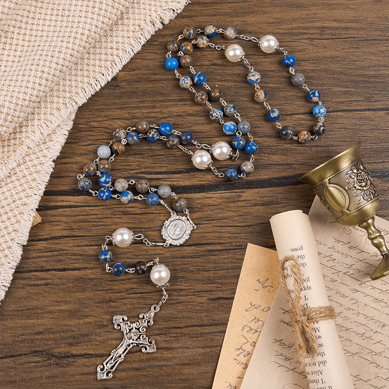 Christianartworkshop Médaille miraculeuse et crucifix en pierre impériale bleu foncé de 8 mm, chapelet fait main pour la prière quotidienne - image 14