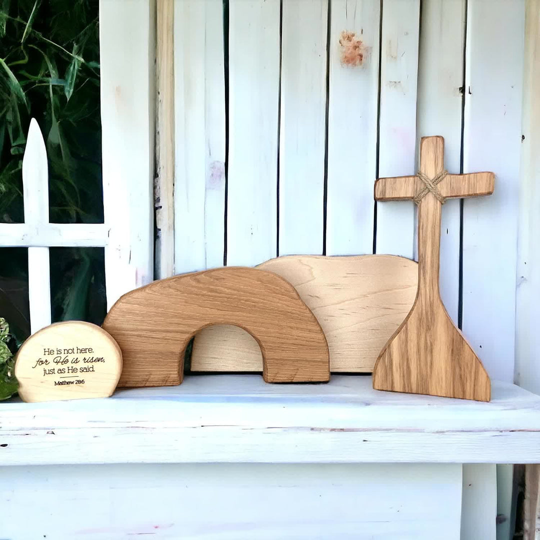 Christianartworkshop Il est ressuscité : Ensemble de décorations rustiques en bois pour Pâques avec versets bibliques - image 2