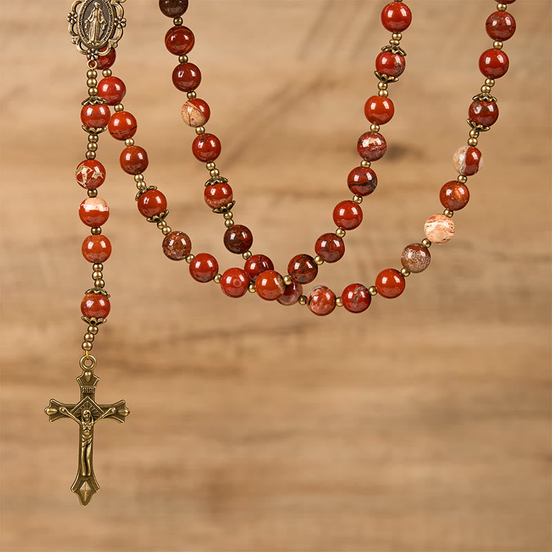 Christianartworkshop Chapelet artisanal en jaspe rouge de 8 mm avec médaille miraculeuse et crucifix - image 2