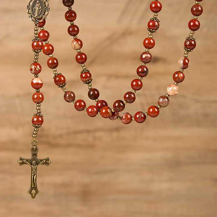 Christianartworkshop Chapelet artisanal en jaspe rouge de 8 mm avec médaille miraculeuse et crucifix - image 2