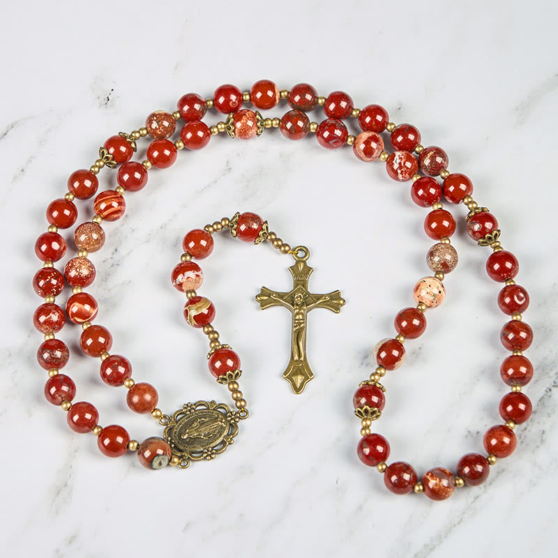 Christianartworkshop Chapelet artisanal en jaspe rouge de 8 mm avec médaille miraculeuse et crucifix - image 5