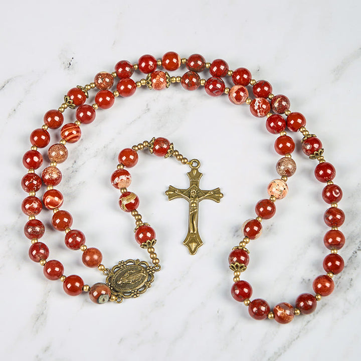 Christianartworkshop Chapelet artisanal en jaspe rouge de 8 mm avec médaille miraculeuse et crucifix - image 5