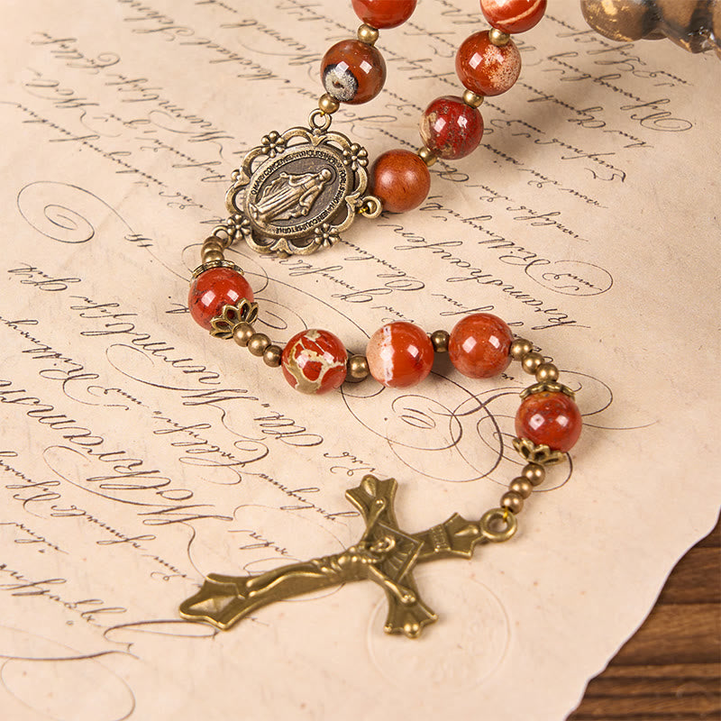 Christianartworkshop Chapelet artisanal en jaspe rouge de 8 mm avec médaille miraculeuse et crucifix - image 4