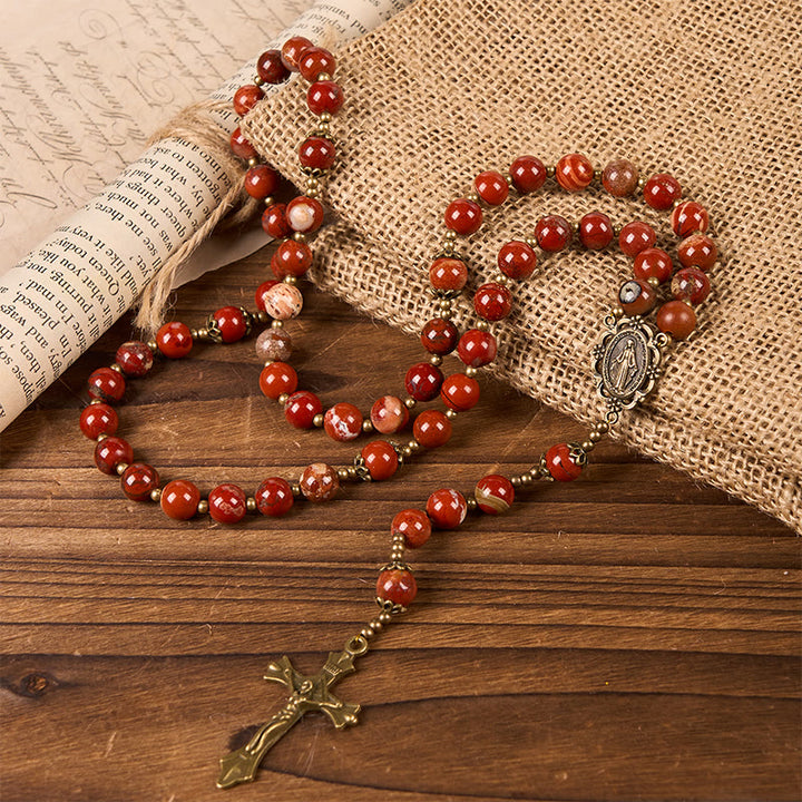 Christianartworkshop Chapelet artisanal en jaspe rouge de 8 mm avec médaille miraculeuse et crucifix - Médaille miraculeuse et crucifix - image 0