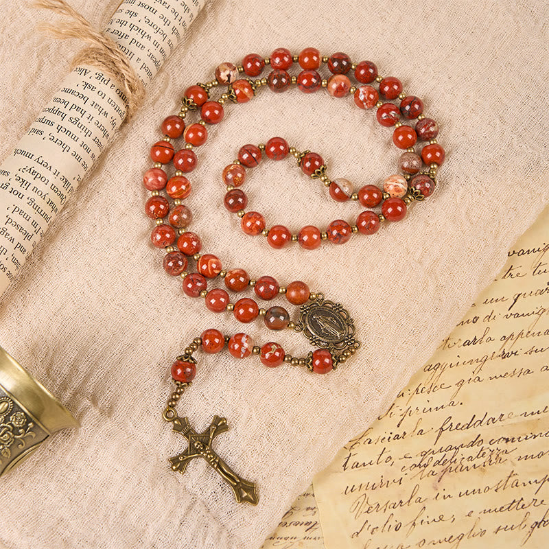 Christianartworkshop Chapelet artisanal en jaspe rouge de 8 mm avec médaille miraculeuse et crucifix - image 1
