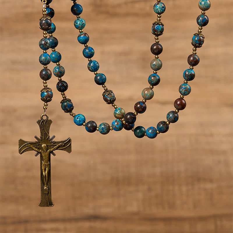Christianartworkshop Chapelet artisanal en perles à motif bleu : médaille miraculeuse et crucifix en pierre de larimar authentique de 8 mm - image 5